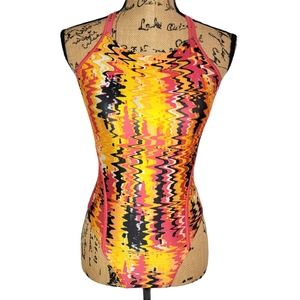 Speedo One Piece Performance Swimsuit Wave Print Sunset Orange Double Strap READ